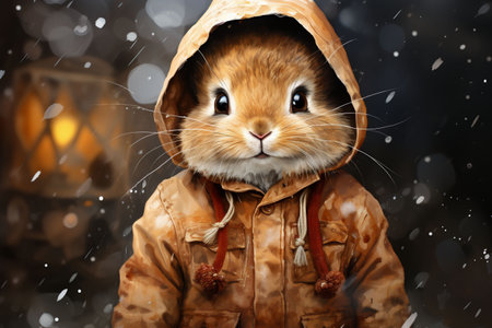A brown bunny in a brown coat. Snowfall and winter background. Copy space. High quality illustrationの素材