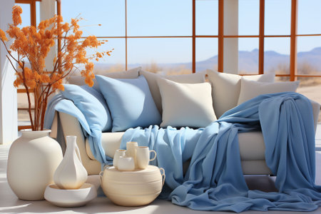 Light blue and beige interior with sofa, blanket and pillow, vases by the window and desert view in the background. Copy space. High quality photoの素材