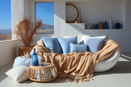 Light blue and beige interior with sofa, blanket and pillow, vases by the window and desert view in the background. Copy space. High quality photoの素材