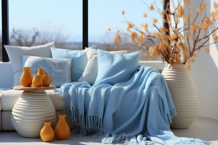 Light blue and beige interior with sofa, blanket and pillow, vases by the window and desert view in the background. Copy space. High quality photoの素材