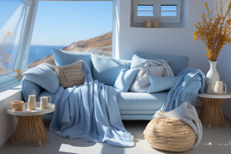 Light blue and beige interior with sofa, blanket and pillow, vases by the window and desert view in the background. Copy space. High quality photoの素材