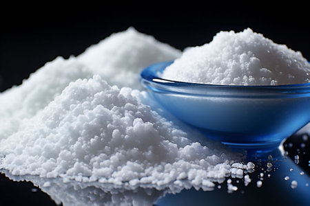 Bowl and pile of natural sweetener stevia, sugar or salt on black background. Copy spaceの素材
