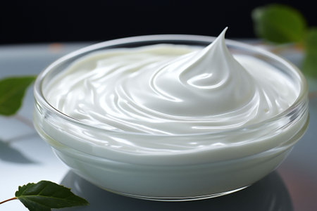 Cream in bowl and green leaves on table, dark background. Copy space. High quality photoの素材