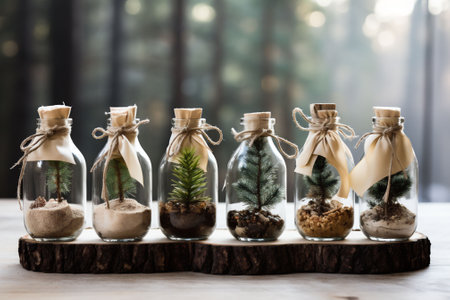 Spruce, pine and juniper seedlings in glass jars. Eco friendly Christmas gifts. A sustainable concept. Copy space. High quality photoの素材