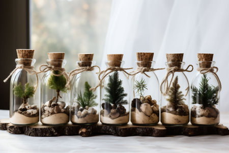 Spruce, pine and juniper seedlings in glass jars. Eco friendly Christmas gifts. A sustainable concept. Copy space. High quality photoの素材