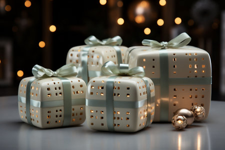 Modern high tech style Christmas gift box with bows and bokeh lights in background. Copy spaceの素材