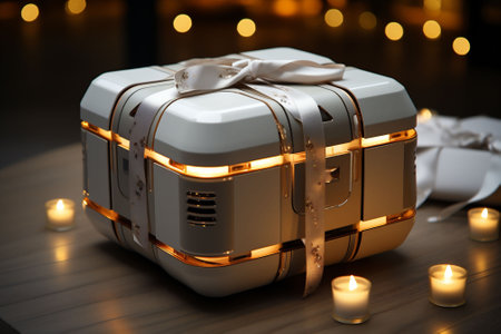 Modern high tech style Christmas gift box with bow and lights, bokeh lights in background. Copy spaceの素材