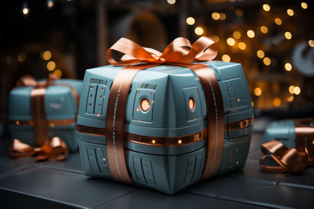 Big modern high tech style Christmas gift in blue boxes with bow and lights in background. Copy spaceの素材