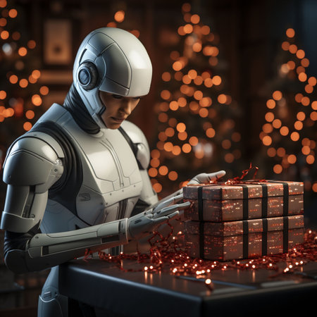 High tech robot woman wraps and delivers Christmas presents in boxes with bows. Christmas tree in background. Copy space.の素材