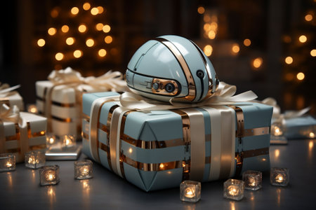 Modern high tech style Christmas gift in blue box with bow and lights in background. Small lights on the table. Copy spaceの素材