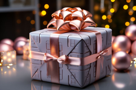 Beautiful glamorous Christmas gift and bokeh lights in the background. Copy spaceの素材