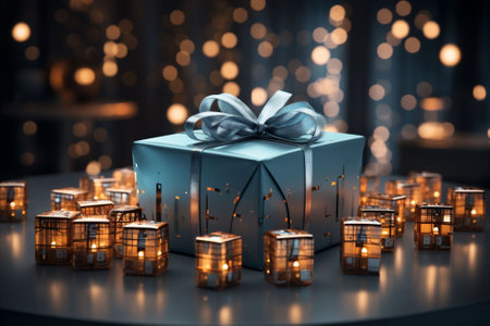 Beautiful glamorous blue Christmas gift and bokeh lights in the background. Copy spaceの素材