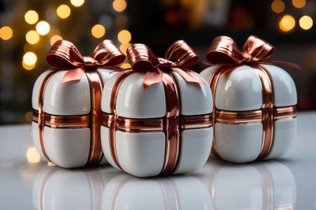 Modern high tech style Christmas gift in white boxes and red bows on shiny white surface and bokeh lights in background. Copy spaceの素材