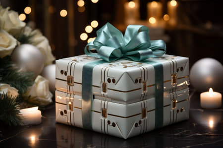 Beautiful glamorous Christmas gift and bokeh lights in the background. Copy spaceの素材