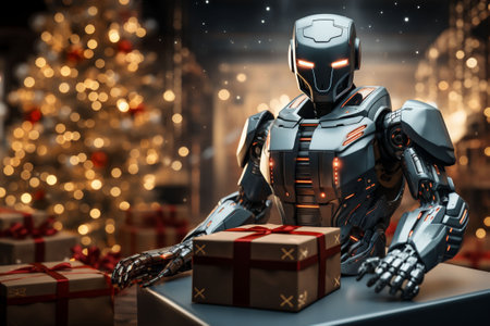 High tech robot wraps and delivers Christmas presents in beige boxes with red bows. Christmas tree in background. Copy space.の素材