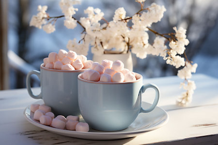 Two light blue cups of Christmas hot cocoa with mini marshmallows on white wooden table. Blooming branch in a vase in background. Copy spaceの素材