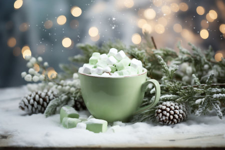Mug of Christmas hot cocoa with mini marshmallows and cream. Christmas bokeh lights background. Copy spaceの素材