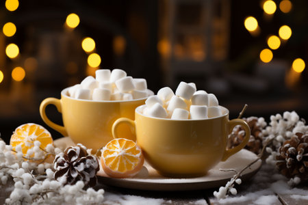 Two yellow cups of Christmas hot cocoa drinks with marshmallows. Christmas bokeh lights background. Copy spaceの素材