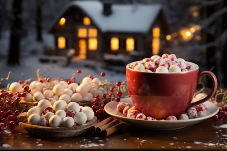 Red cup of Christmas hot Chocolate with mini marshmallows. Cozy home and Christmas bokeh lights in background. Copy spaceの素材