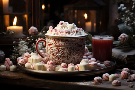 Vintage cup of Christmas hot mathca with mini marshmallows and cream. Christmas bokeh lights and candles in background. Copy spaceの素材