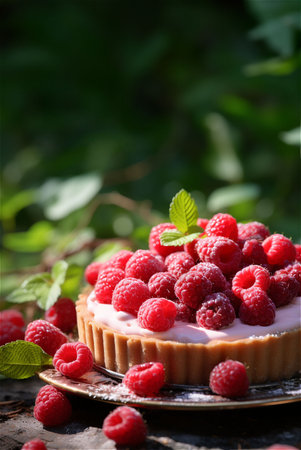 Delicious raspberry tart with cream, powdered sugar and mint leave on green forest background. Advertisement of homemade desserts, cakes and pieの素材
