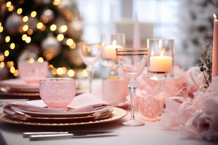 A beautifully served Christmas table at home or in a restaurant with plates, glasses and cutlery. Pink Christmas decorations on a served table. Copy spaceの素材