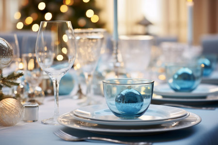 A beautifully served Christmas table at home or in a restaurant with plates, glasses and cutlery. Light blue Christmas decorations on a served table. Copy spaceの素材
