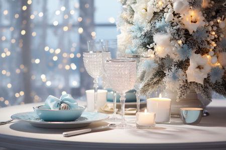 A beautifully served Christmas table at home or in a restaurant with plates, glasses and cutlery. Light blue Christmas decorations on a served table. Copy spaceの素材