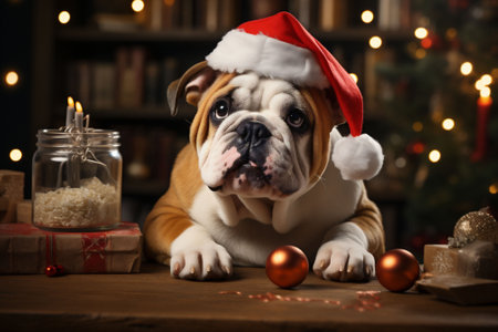 A cute bulldog dog with a red Santa hat on his head is laying. Decorated Christmas tree in the dark background. Copy spaceの素材