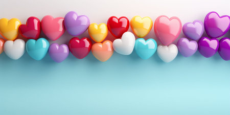 A wall decorated with colorful plastic hearts. A wall for a Valentine's Day photo shoot. Banner with hearts. Copy space. High quality photoの素材