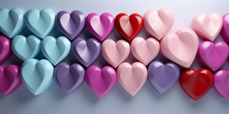 A wall decorated with colorful plastic hearts. A wall for a Valentine's Day photo shoot. Banner with hearts. Copy space. High quality photoの素材