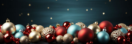 Dark Christmas banner with multicolored Christmas tree decorations on a dark blue background. Dark Christmas background. Copy spaceの素材