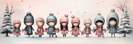 Cute illustrated Christmas and winter banner with cute dolls or children in pink and gray coats in a row. Nice Christmas background. Copy space. High quality illustrationの素材