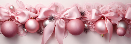 Christmas banner with pink decoration balls and bows. Pink Christmas background. Copy space. High quality photoの素材