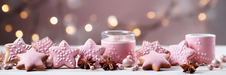 Pink Christmas banner with gingerbread cookies with pink icing and pink candles. Bokeh lights in the background. Copy space. High quality photoの素材