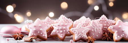 Pink Christmas banner with gingerbread cookies with pink icing and anise stars. Bokeh lights in background. Copy space. High quality photoの素材