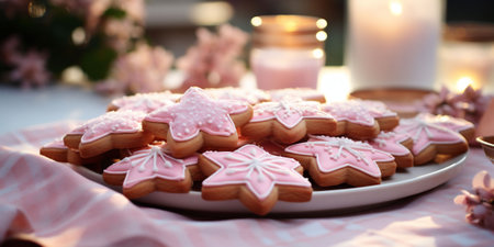 Beautiful pink gingerbread biscuits in a white plate on the table, candies in sunlights on the background. Pink Christmas banner. High quality photoの素材