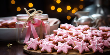 A stack of pink gingerbread cookies with Christmas frosting decorations. Jars with pink bows in the background and bokeh lights. High quality photoの素材