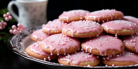 Pink gingerbread cookies with runny pink frosting on a dark background with bokeh lights. Copy space. High quality photoの素材