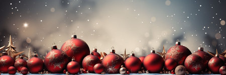 Dark Christmas banner with multicolored Christmas tree decorations on a dark blue background. Dark Christmas background. Copy spaceの素材