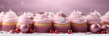 Pink cupcakes with toppings and pearls on the front on a light background. Christmas snacks. Copy space. High quality photoの素材