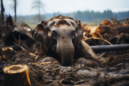 A baby elephant lying in a deforested ground with dirt on his head. Lost his home. Loss of wildlife habitats. Extinction of species. Save animals. High quality photoの素材