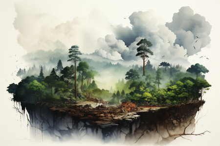 An abstract drawing of a floating chunk of land with a forest and deforested areas. White and gray clouds over the island. White background. High quality photoの素材