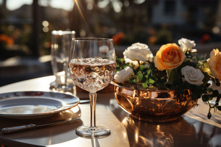 Elegant date table for two with white plates, vine glasses, cooper bucket with white and orange roses on a bronze color surface and a blurred garden in the background. Copy space. High quality photoの素材
