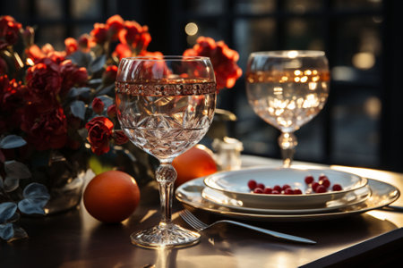 Elegant date table with white plates with red berries inside, wine glasses, tangerines, red flowers, silver color surface and a blurred room in the background. High quality photoの素材