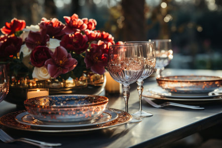 Elegant table, plates with golden ornaments, wine glasses, red flowers in a gold pot, and mood lights, candles, on a silver color surface and a blurred garden in the background. . High quality photoの素材