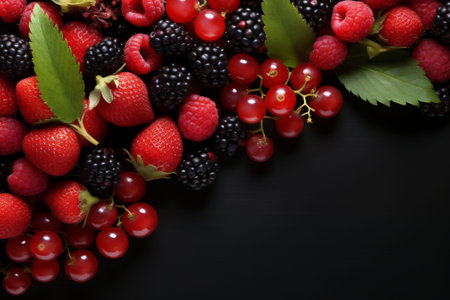 A banner with colorful fresh berries on black background. Advertisement for market, farmer or vegan concept. Copy space. High quality photoの素材