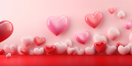 Photoshoot with a pink background and white and red floating hearts. Valentine's banner for a postcard. Copy space. High quality photoの素材