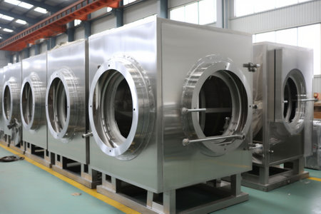 Industrial production of stainless steel in the workshop. Poster for the production of metal industry and metalworking in the production of stainless steel structures. Copy space. High quality photoの素材