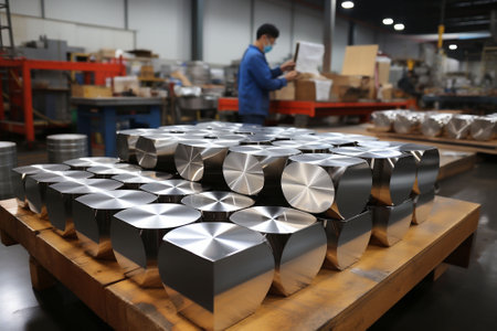 Industrial production of stainless steel in the workshop. Poster for the production of metal industry and metalworking in the production of stainless steel structures. Copy space. High quality photoの素材